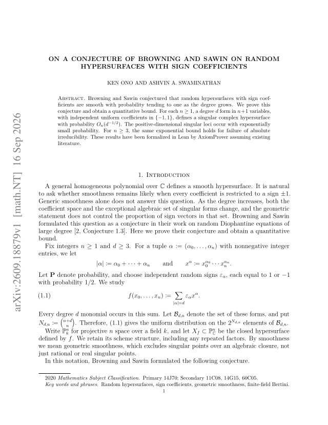 First page of On a conjecture of Browning and Sawin on random hypersurfaces with sign coefficients