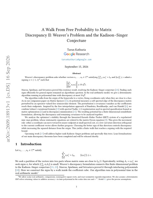 First page of A Walk From Free Probability to Matrix Discrepancy II: Weaver's Problem and the Kadison-Singer Conjecture