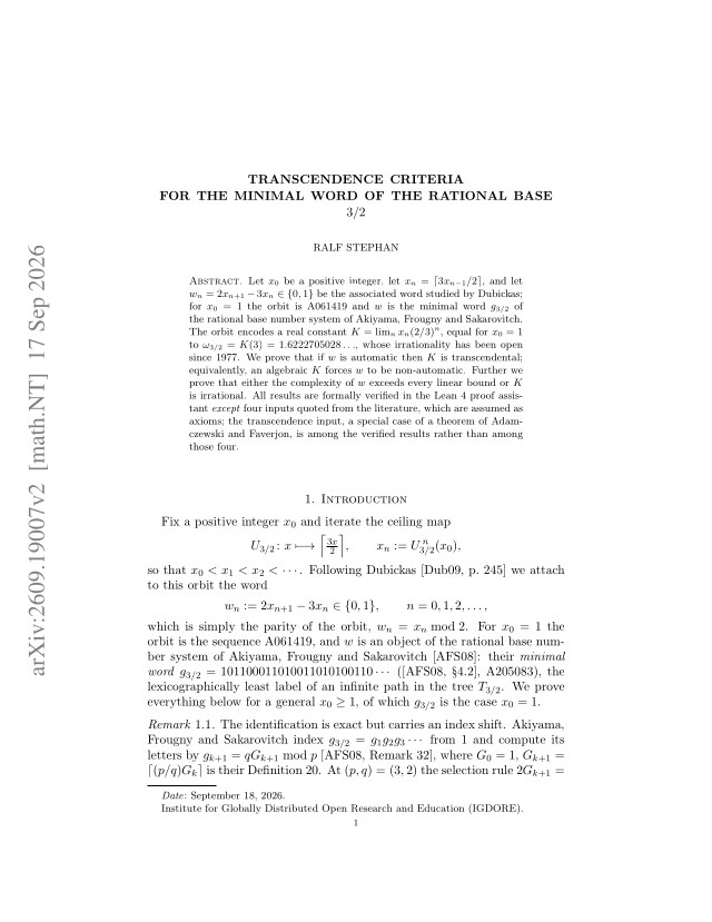 First page of Transcendence criteria for the minimal word of the rational base $3/2$
