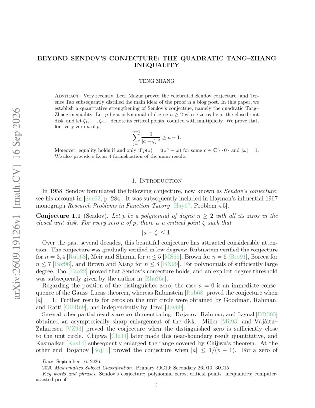 First page of Beyond Sendov's conjecture: the quadratic Tang–Zhang inequality