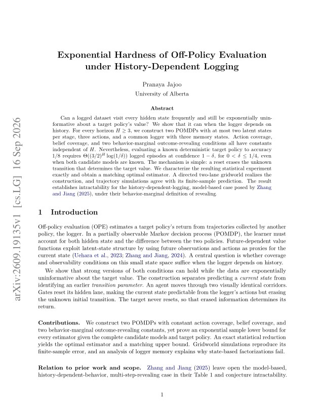 First page of Exponential Hardness of Off-Policy Evaluation under History-Dependent Logging