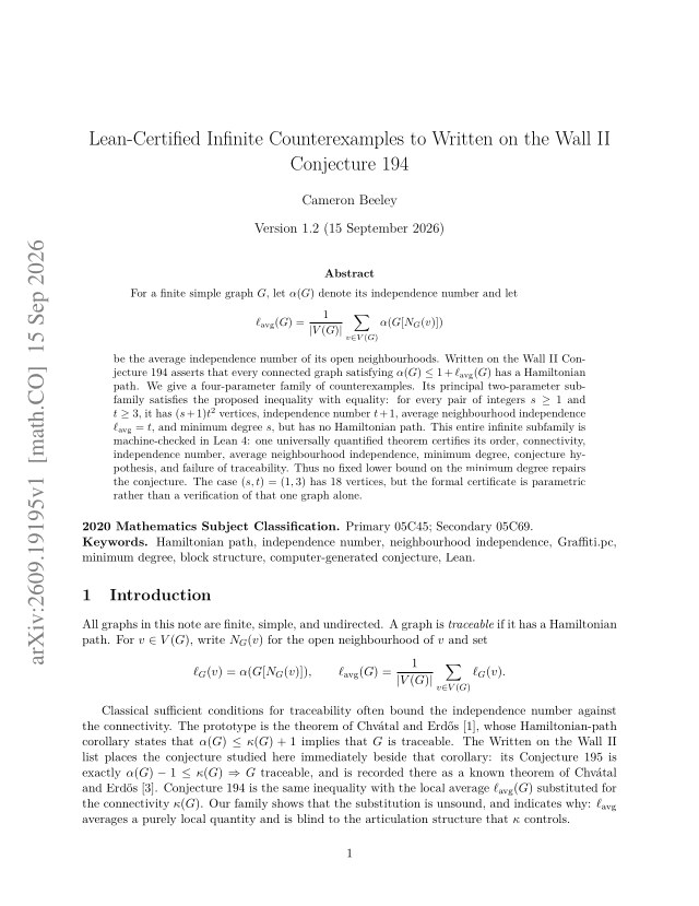 First page of Lean-Certified Infinite Counterexamples to Written on the Wall II Conjecture 194