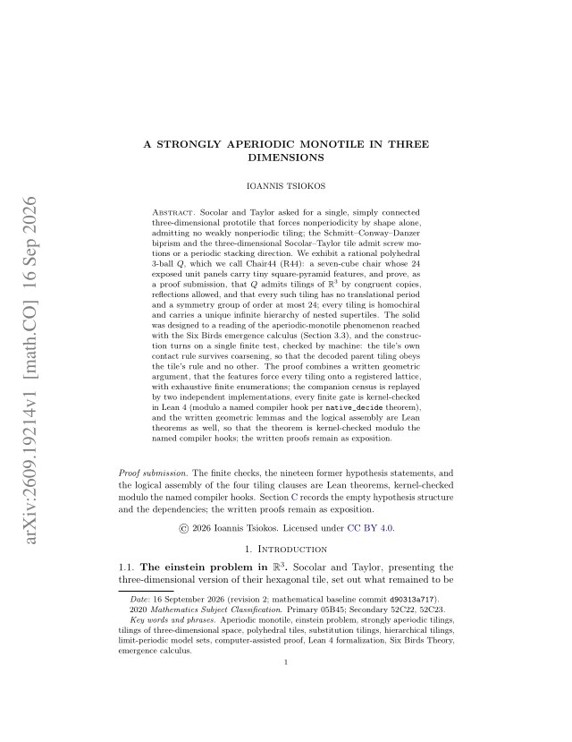 First page of A Strongly Aperiodic Monotile in Three Dimensions