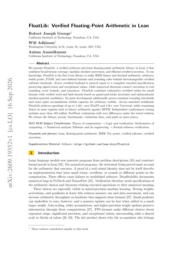 First page of FloatLib: Verified Floating-Point Arithmetic in Lean