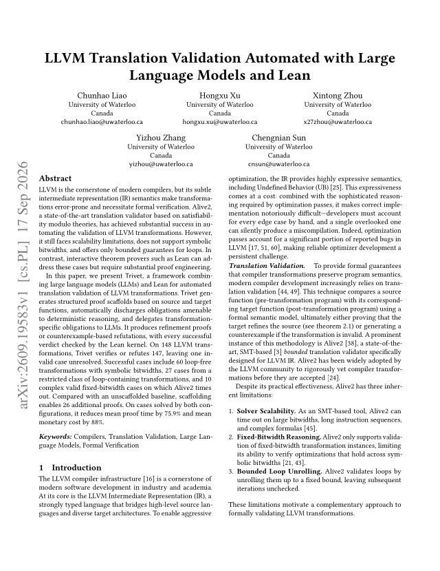First page of LLVM Translation Validation Automated with Large Language Models and Lean