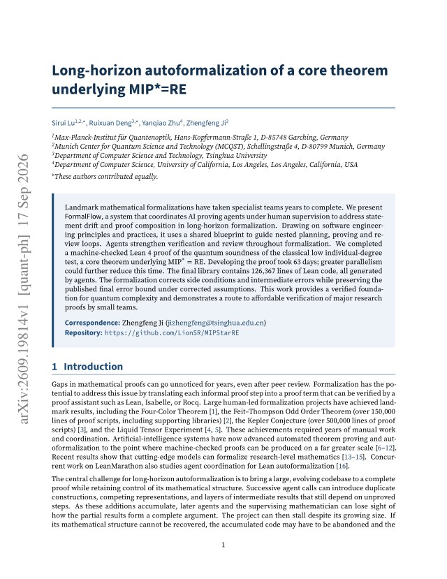 First page of Long-horizon autoformalization of a core theorem underlying MIP* = RE