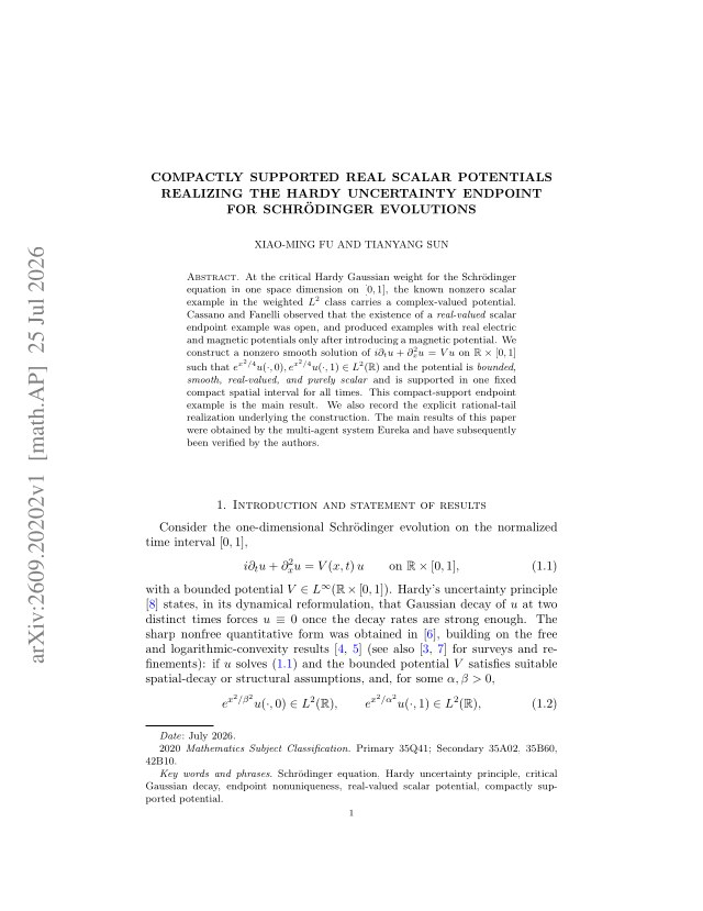 First page of Compactly supported real scalar potentials realizing the Hardy uncertainty endpoint for Schrödinger evolutions