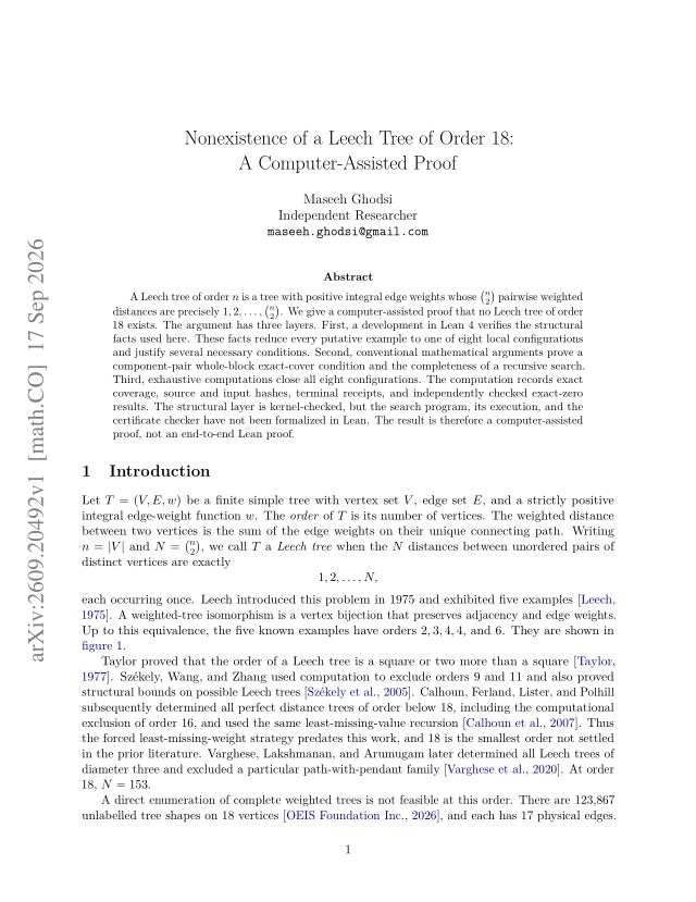 First page of Nonexistence of a Leech Tree of Order 18: A Computer-Assisted Proof
