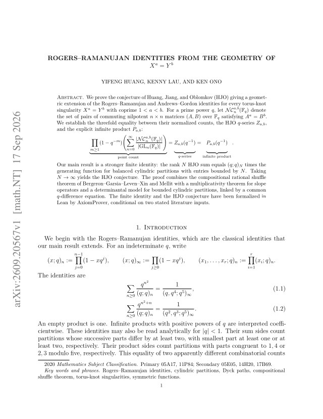 First page of Rogers–Ramanujan identities from the geometry of $X^a=Y^b$