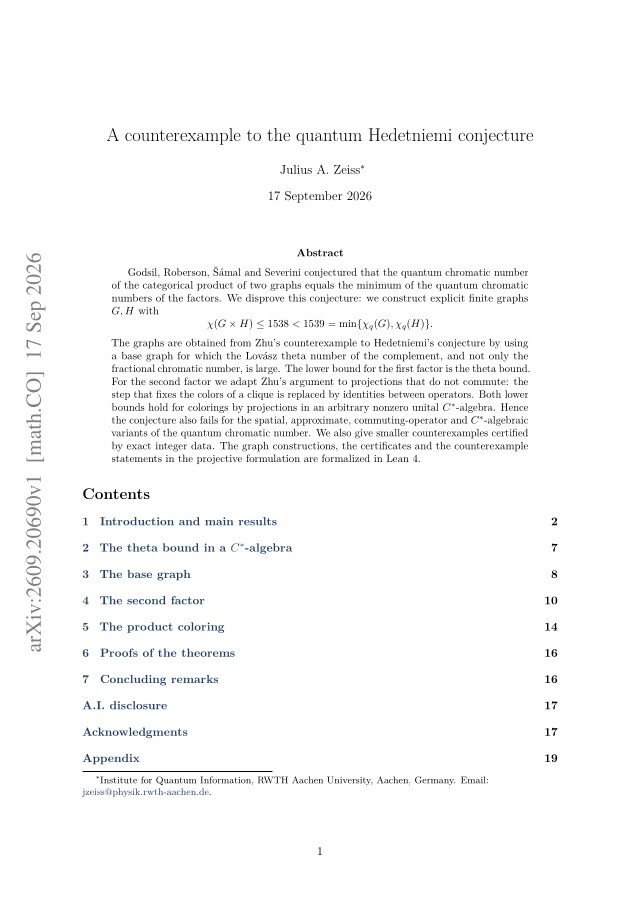 First page of A counterexample to the quantum Hedetniemi conjecture