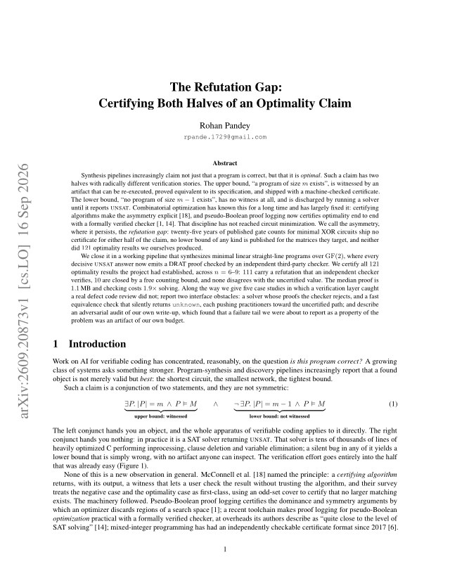 First page of The Refutation Gap: Certifying Both Halves of an Optimality Claim