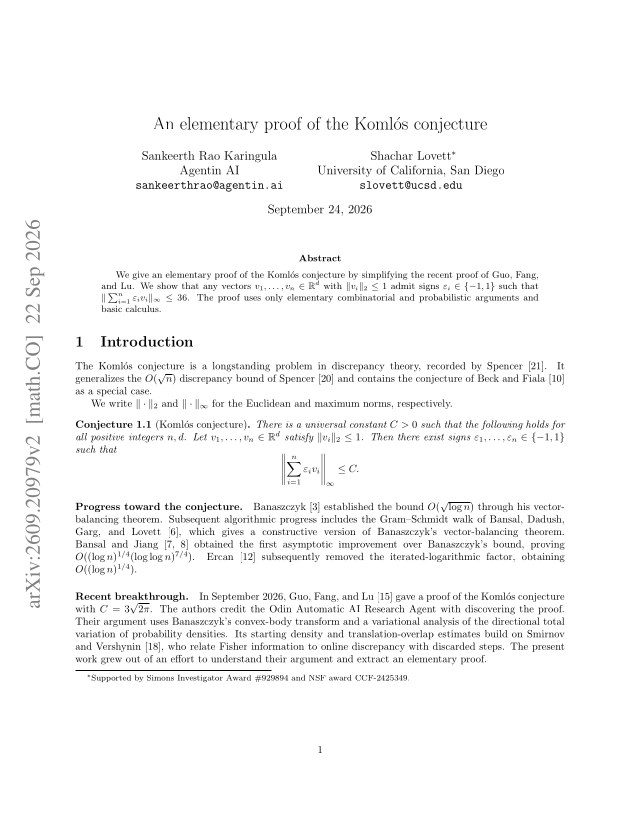 First page of An elementary proof of the Komlós conjecture