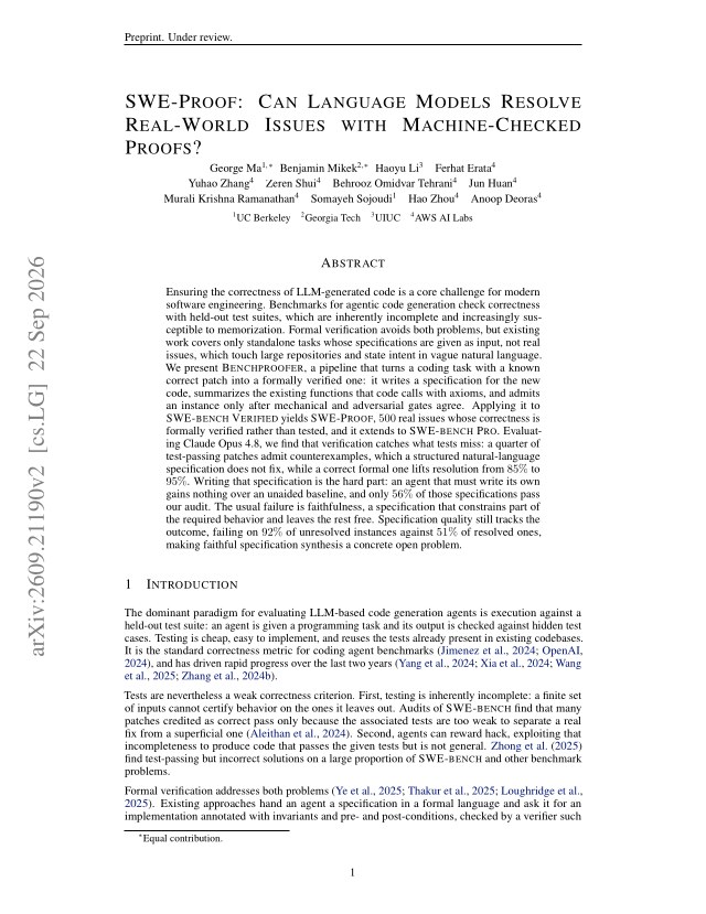 First page of SWE-Proof: Can Language Models Resolve Real-World Issues with Machine-Checked Proofs?