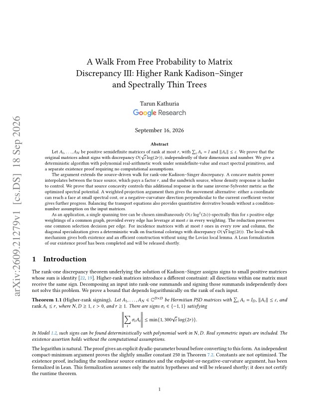 First page of A Walk From Free Probability to Matrix Discrepancy III: Higher Rank Kadison-Singer and Spectrally Thin Trees