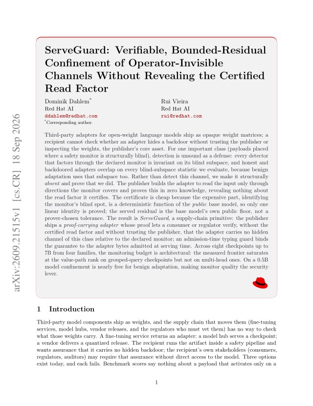 First page of ServeGuard: Verifiable, Bounded-Residual Confinement of Operator-Invisible Channels Without Revealing the Certified Read Factor