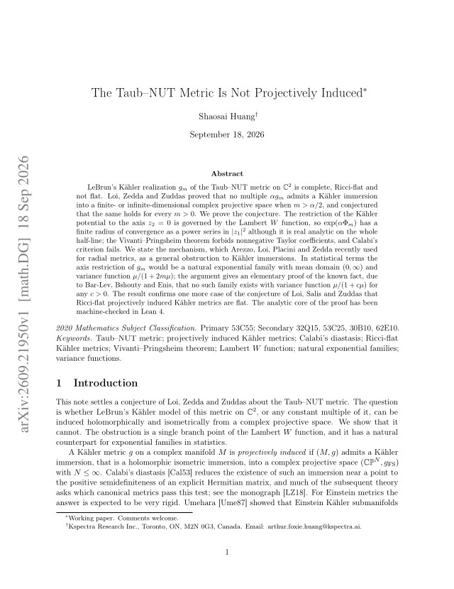 First page of The Taub-NUT Metric Is Not Projectively Induced
