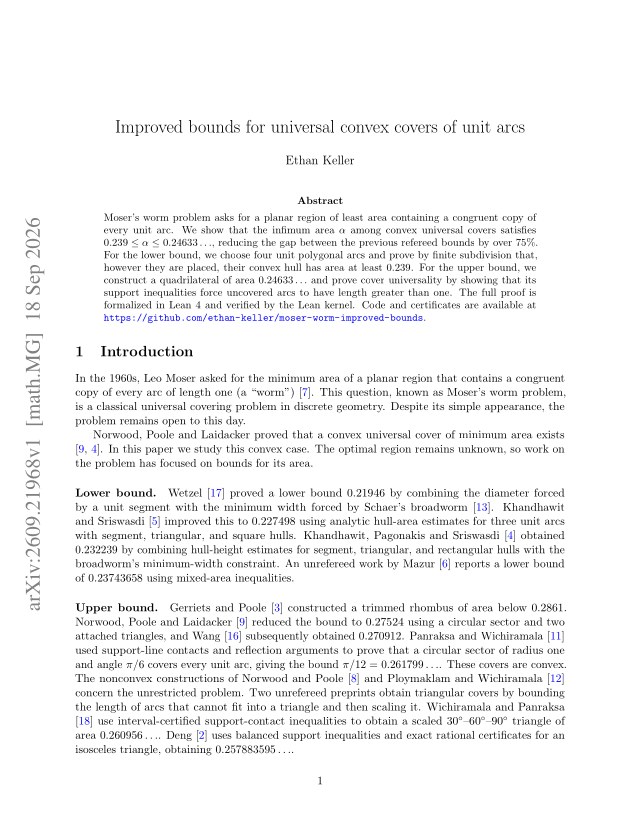 First page of Improved bounds for universal convex covers of unit arcs