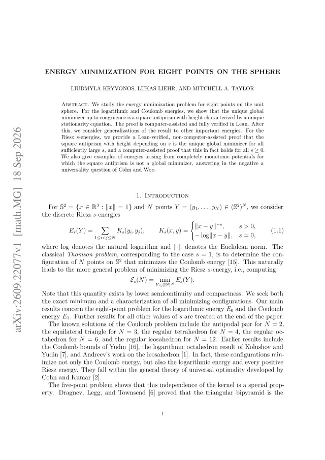First page of Energy minimization for eight points on the sphere