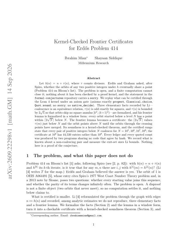First page of Kernel-Checked Frontier Certificates for Erdős Problem 414