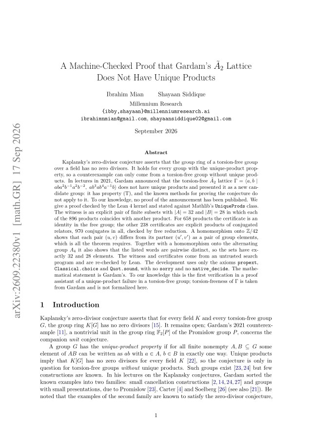 First page of A Machine-Checked Proof that Gardam's $\tilde{A}_2$ Lattice Does Not Have Unique Products
