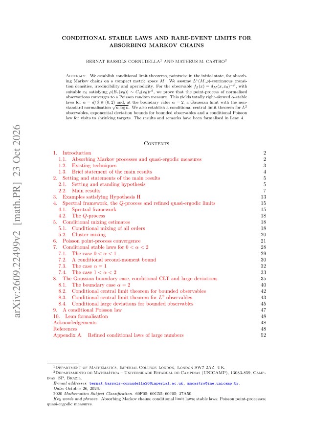 First page of Conditional Stable Laws and Rare-Event Limits for Absorbing Markov Chains