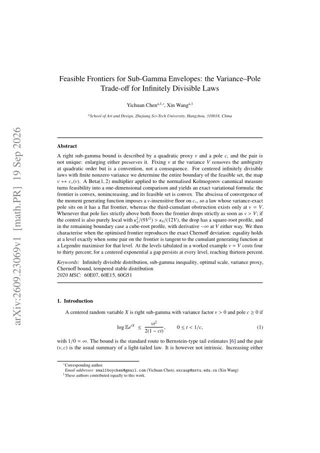 First page of Feasible Frontiers for Sub-Gamma Envelopes: the Variance–Pole Trade-off for Infinitely Divisible Laws