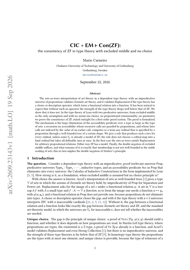 First page of CIC + EM $\vdash$ Con(ZF): the consistency of ZF in type theory with excluded middle and no choice