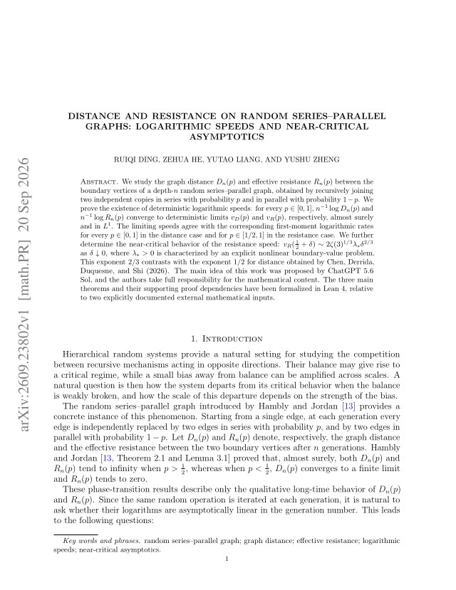 First page of Distance and resistance on random series-parallel graphs: logarithmic speeds and near-critical asymptotics