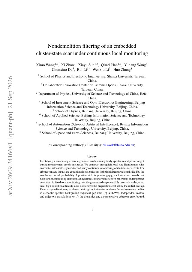 First page of Nondemolition filtering of an embedded cluster-state scar under continuous local monitoring