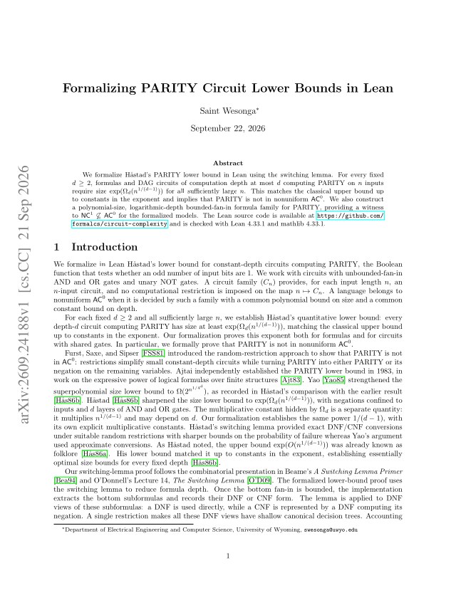 First page of Formalizing PARITY Circuit Lower Bounds in Lean
