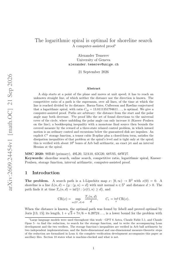First page of The logarithmic spiral is optimal for shoreline search: a computer-assisted proof
