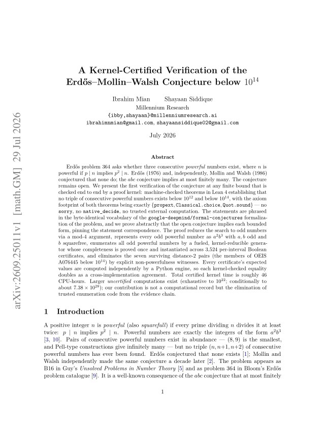 First page of A Kernel-Certified Verification of the Erdős-Mollin-Walsh Conjecture below $10^{14}$