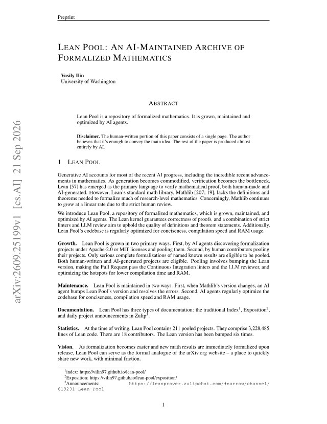 First page of Lean Pool: An AI-Maintained Archive of Formalized Mathematics
