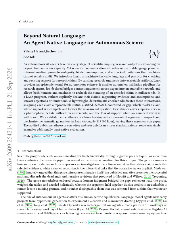 First page of Beyond Natural Language: An Agent-Native Language for Autonomous Science