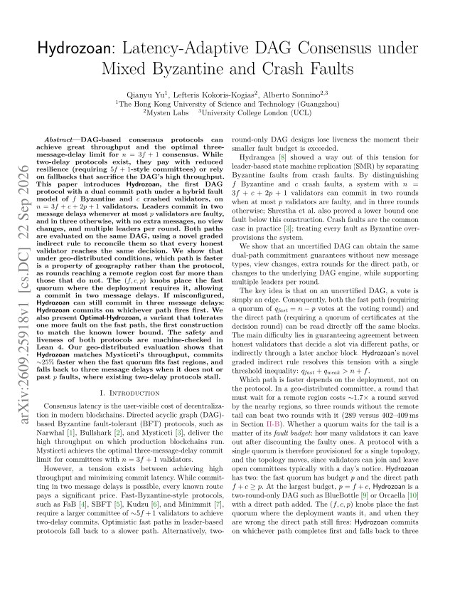 First page of Hydrozoan: Latency-Adaptive DAG Consensus under Mixed Byzantine and Crash Faults