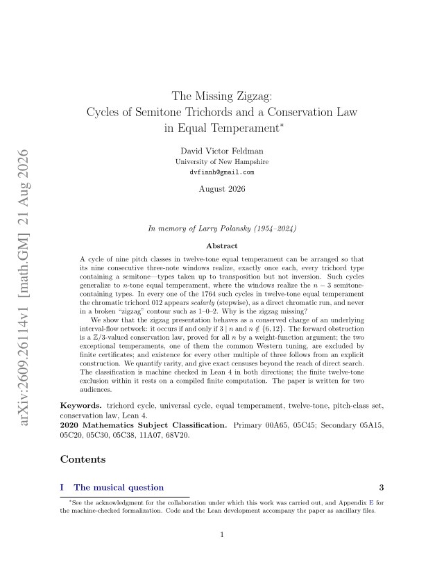 First page of The Missing Zigzag: Cycles of Semitone Trichords and a Conservation Law in Equal Temperament