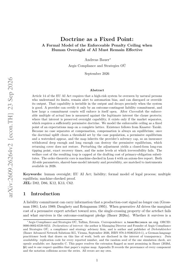 First page of Doctrine as a Fixed Point: A Formal Model of the Enforceable Penalty Ceiling when Human Oversight of AI Must Remain Effective