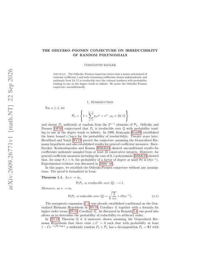 First page of The Odlyzko-Poonen Conjecture on Irreducibility of Random Polynomials