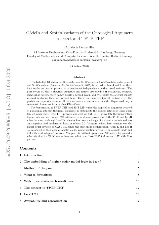 First page of Gödel's and Scott's Variants of the Ontological Argument in Lean 4 and TPTP THF