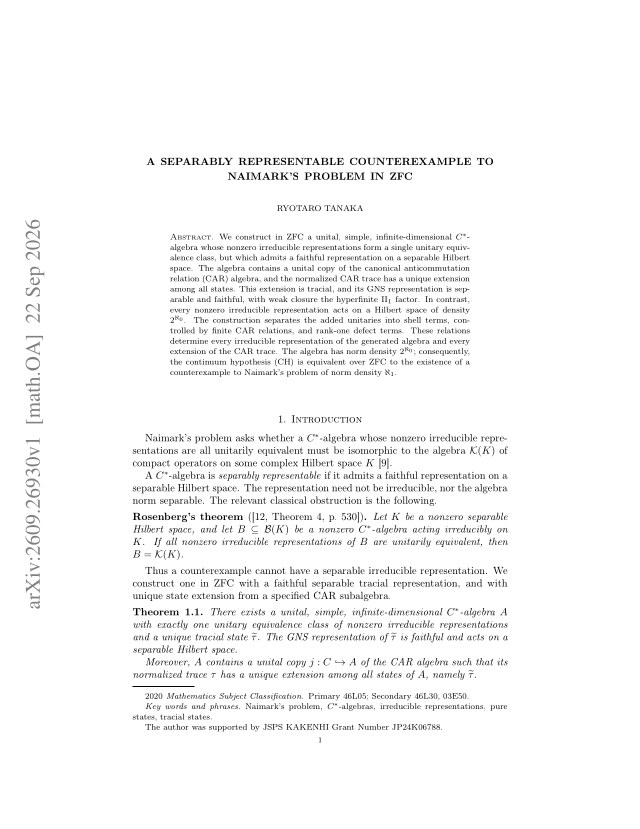 First page of A separably representable counterexample to Naimark's problem in ZFC
