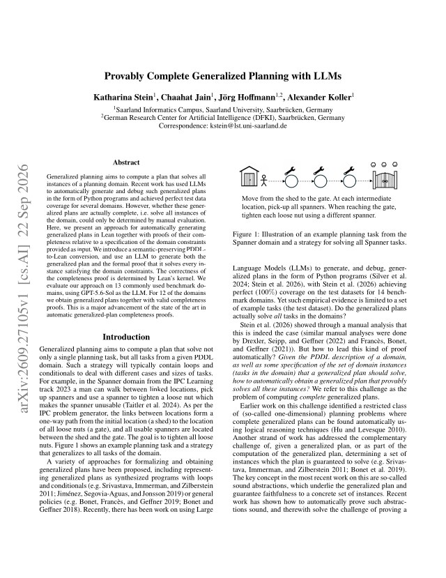 First page of Provably Complete Generalized Planning with LLMs