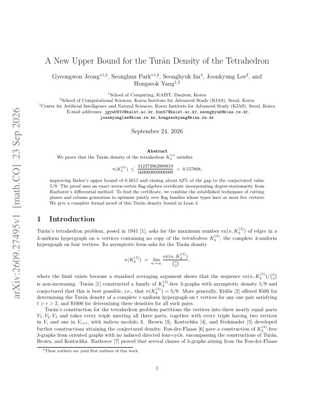 First page of A New Upper Bound for the Turán Density of the Tetrahedron