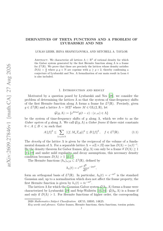 First page of Derivatives of Theta Functions and a Problem of Lyubarskii and Nes