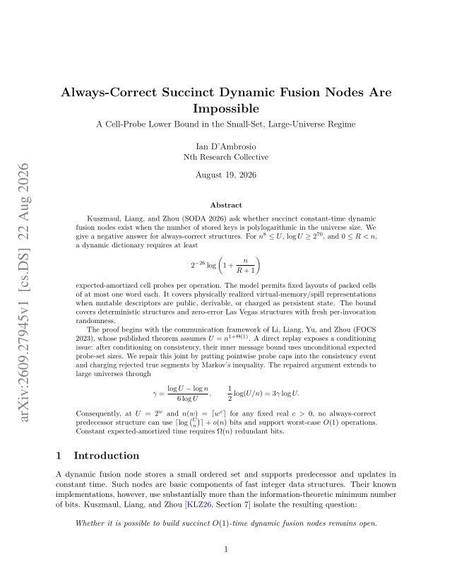 First page of Always-Correct Succinct Dynamic Fusion Nodes Are Impossible: A Cell-Probe Lower Bound in the Small-Set, Large-Universe Regime