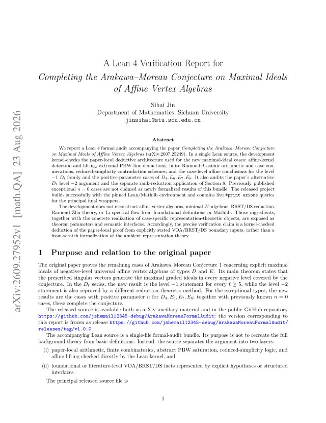 First page of A Lean 4 Verification Report for Completing the Arakawa–Moreau Conjecture on Maximal Ideals of Affine Vertex Algebras