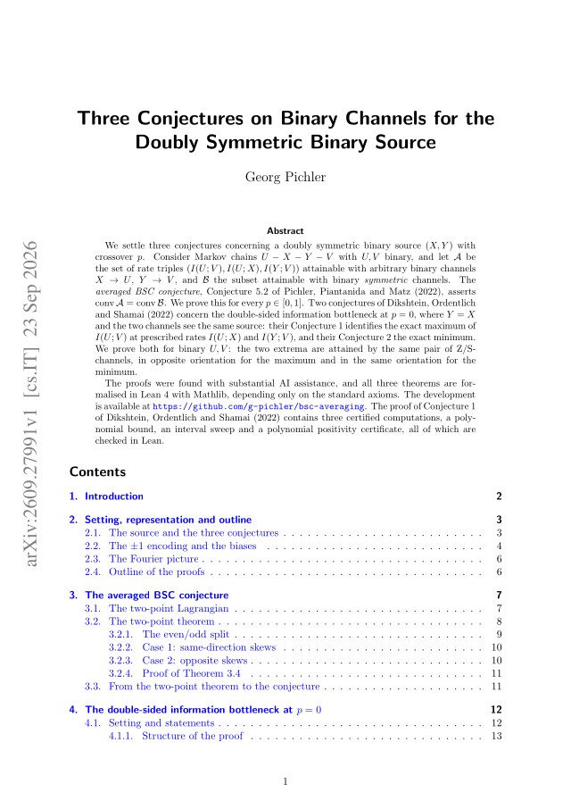 First page of Three Conjectures on Binary Channels for the Doubly Symmetric Binary Source