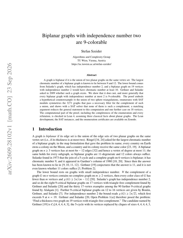 First page of Biplanar graphs with independence number two are 9-colorable