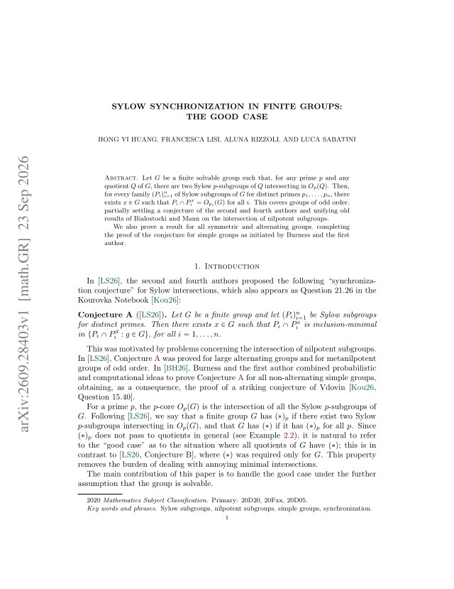 First page of Sylow synchronization in finite groups: the good case