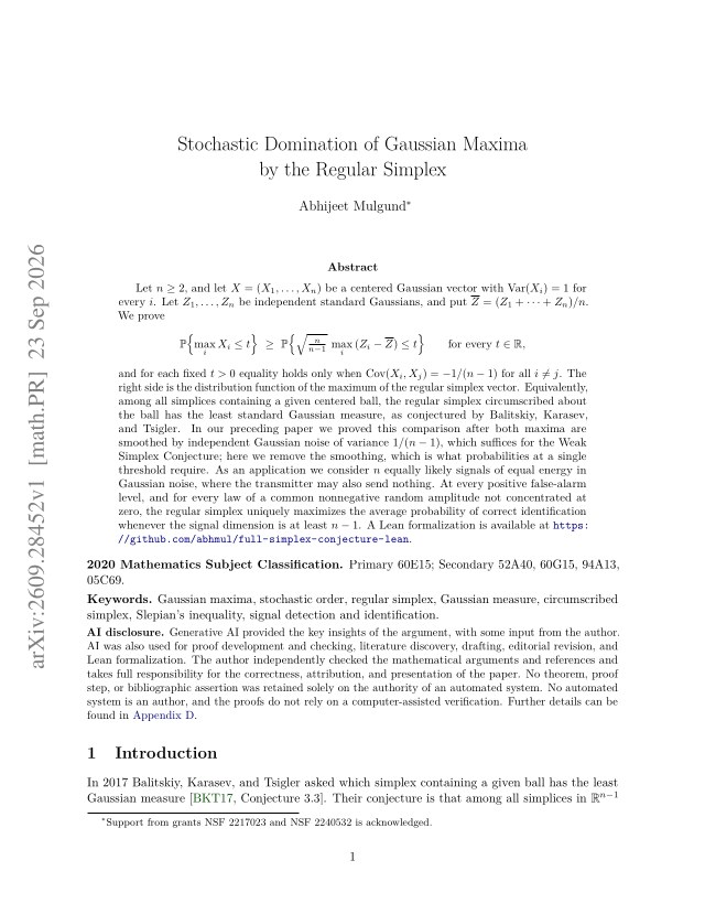 First page of Stochastic Domination of Gaussian Maxima by the Regular Simplex