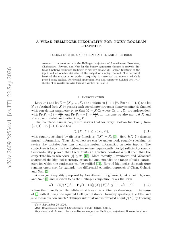First page of A weak Hellinger inequality for noisy Boolean channels